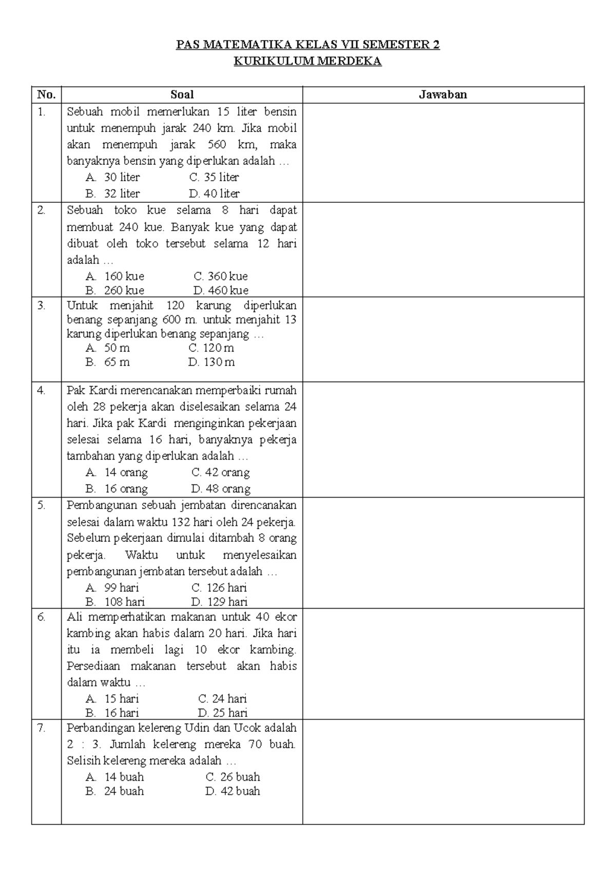 PAS MATEMATIKA KELAS VII SEMESTER 2 KURIKULUM MERDEKA Soal Latihan dan