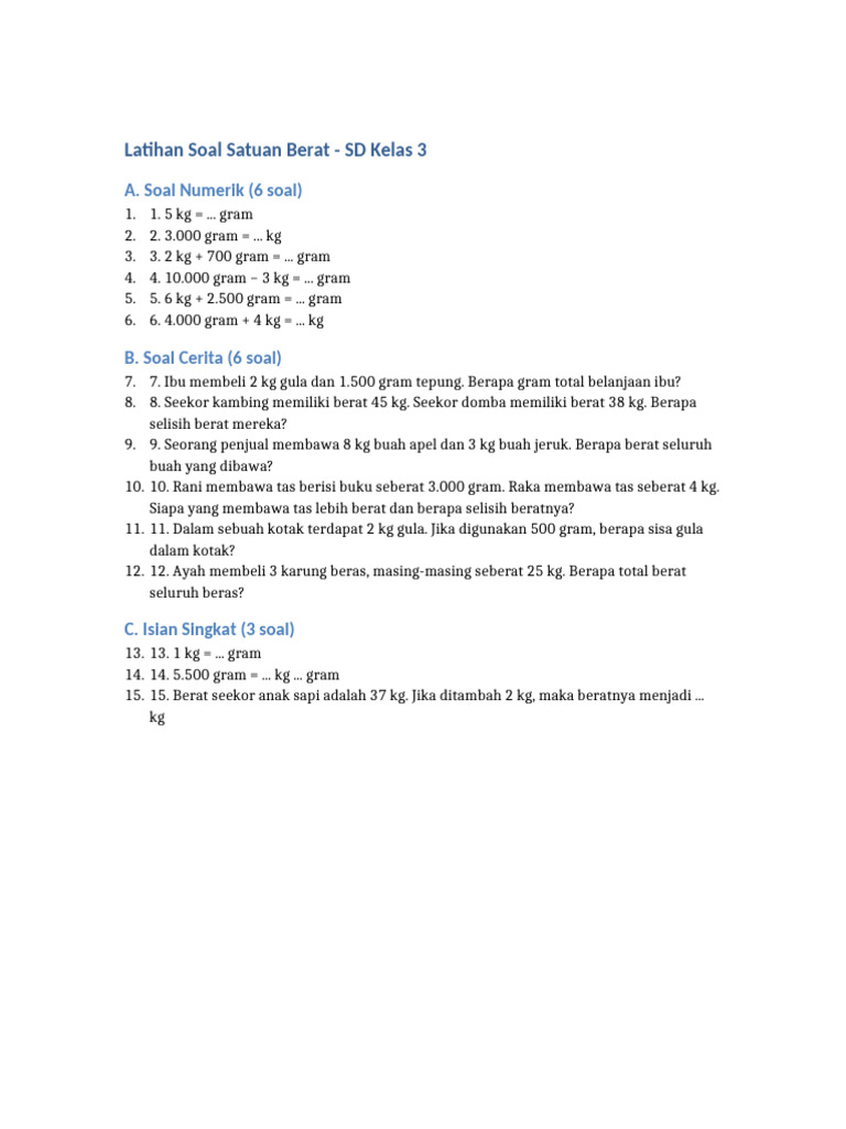 Latihan Soal Satuan Berat Kelas 3 SD PDF