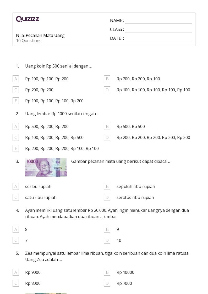50 lembar kerja Mengidentifikasi Koin untuk Kelas 2 di Quizizz