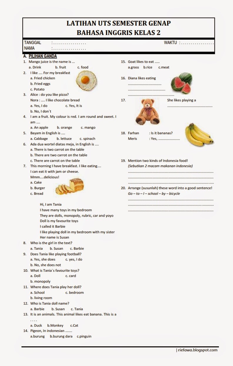 download soal bahasa inggris kelas 2 sd semester 2 kurikulum2013