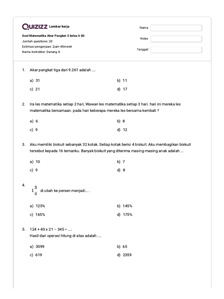 Soal Akar Pangkat 2 Kelas 6 SD PDF