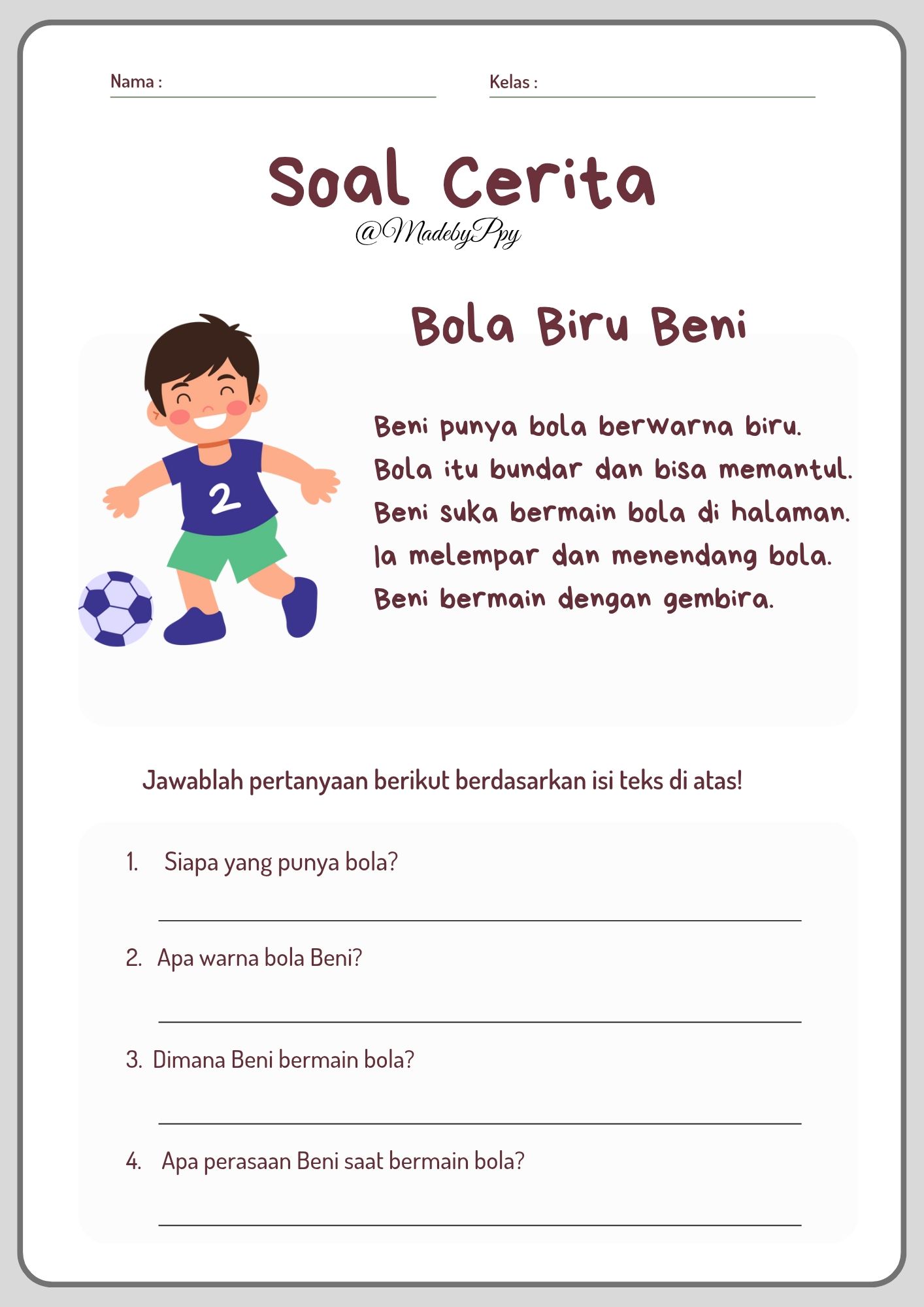 WORKSHEET MEMBACA CERITA Soal cerita kelas 1