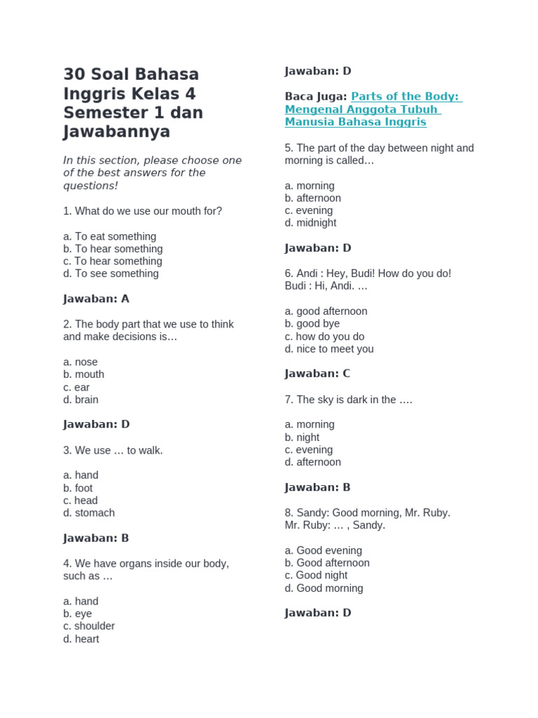 30 Soal Bahasa Inggris Kelas 4 SD Semester 1 PDF Cuisine Foods