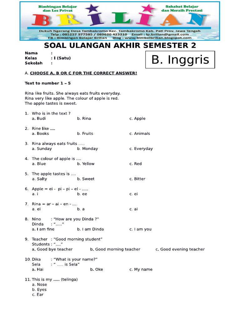 Akhirnya Tersedia Soal Bahasa Inggris Kelas 10 Semester 1 Kurikulum 2013 PDF Siap Cetak