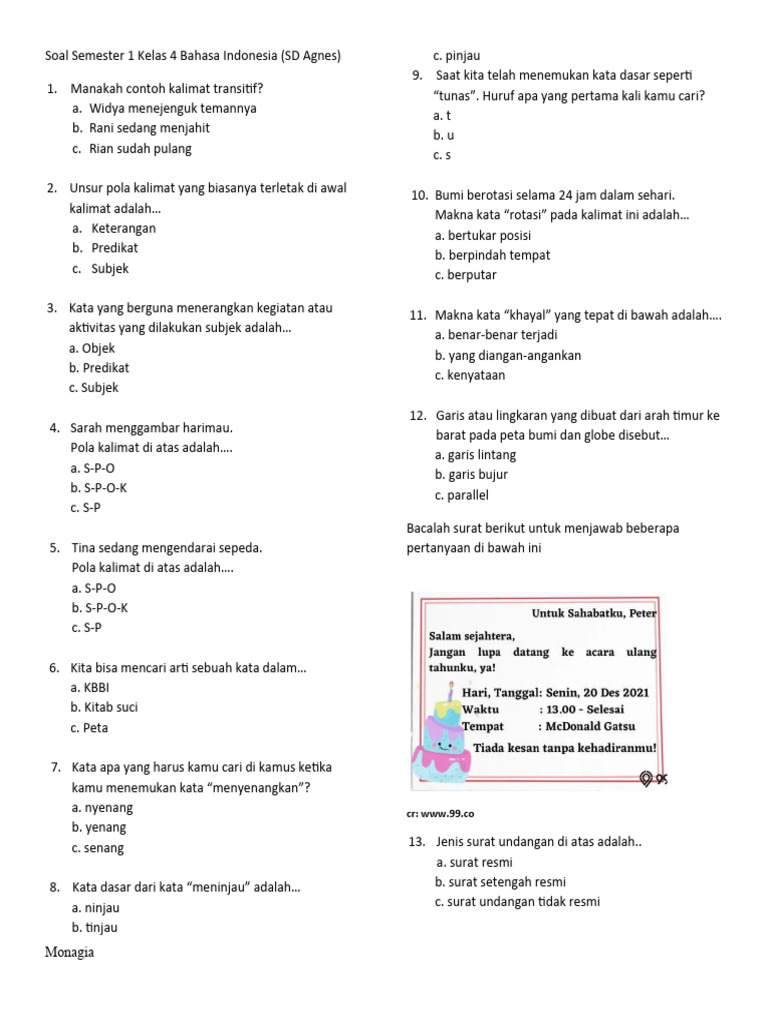 Rahasia Lulus Nilai Sempurna dengan Soal Soal Ulangan Bahasa Kelas 4 Semester 1 Tematik