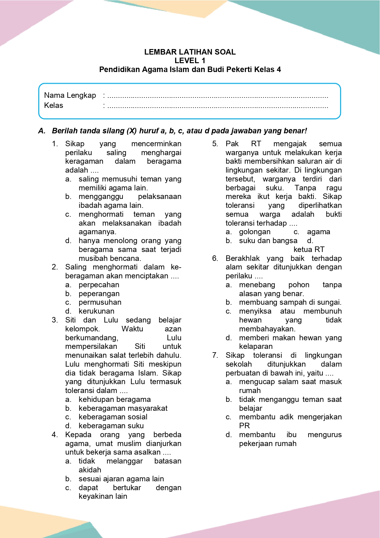 soal agama pai k13 kelas 4 sd